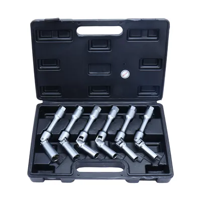 Produktbild von Steckschlüssel Glühkerzenschlüssel Gelenkschlüssel Satz 6-tlg– extra langer Stecknuss-Satz für Glühkerzen, 3/8" Antrieb, 8–16 mm, aus CrV-Stah