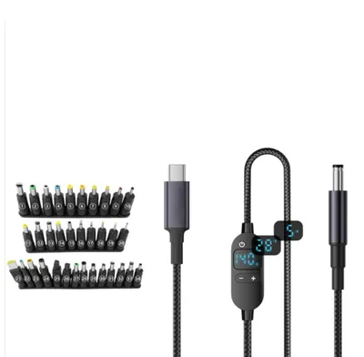 Productafbeelding van INF Verstelbare Type-C naar DC voedingskabel met digitaal display – PD3.1 140W, 6-traps spanning, 34 adaptertips