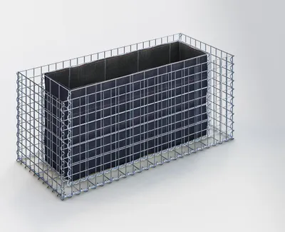 A rectangular gabion planter box with a dark inner liner, shown on a plain background.