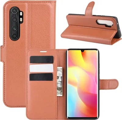 A collage of images showing a brown leather flip case for a smartphone, with the phone inserted and displaying a colorful screen. One image shows the case open, revealing card slots and a bill compartment. Another shows the case folded to act as a stand.