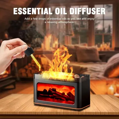 Produktbild von Mini Kamin Aroma-Diffusor mit Flammen-Simulation, Luftbefeuchter, LED-Licht, für Zuhause – Schwarz
