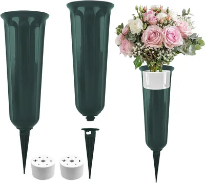 Imagen del producto de Juego de dos macetas de plástico para flores, con estaca para clavarlas en el suelo, color verde, ideales para cementerios y jardines