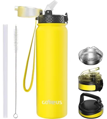 Produktbild von Thermosflasche mit Strohhalm 1L Edelstahl Gelb BPA-frei Auslaufsicher