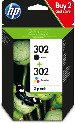 A product package for HP 302 ink cartridges, featuring an image of lotus seed pods and a butterfly.