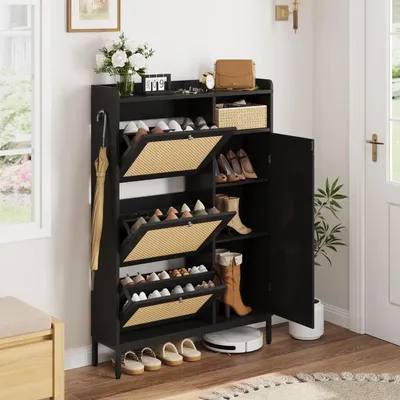Produktbild von Schmaler Schuhschrank Schuhregal für Flur - 3 Klappfächer - 4 Ebenen - Verstellbare Einlegeböden - Rattantüren - Schwarz