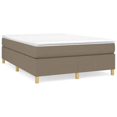 A taupe boxspring bed frame with a white mattress on top, shown from a side angle on a white background.