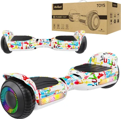 A white hoverboard with a colorful graffiti-like pattern is shown from multiple angles, along with its packaging box.