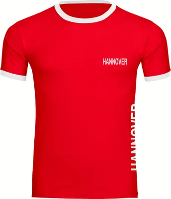 Produktbild von multifanshop Kontrast T-Shirt - Hannover - Brust & Seite, rot/weiß, Größe L