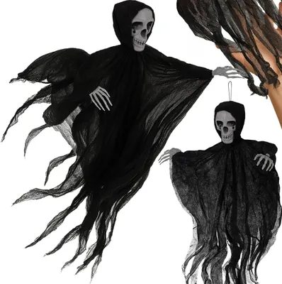 Immagine prodotto di Scheletro fantasma appeso 70 cm decorazione luminosa di Halloween con anello di sospensione teschio realistico e tessuto strappato all'interno e all'esterno RUHHY Nero 26125