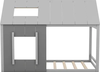 Produktbild von Flieks Kinderbett Hausbett 90x200cm mit Rausfallschutz, Bodenbett Holzbett Einzelbett Kinder, Spielbett mit Lattenrost, Grau