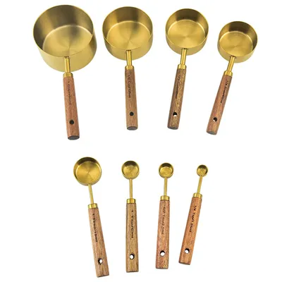 Produktbild von 8 teiliges Edelstahl Messset,Messbecher und Löffel mit Walnussgriff,Präzise US/metrische Skalen für Backen und Kochen