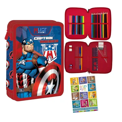 Produktbild von Federmäppchen 2 Fächer - Mäppchen für Jungen - Federmappe 2-Fach Federtasche Gefüllte Schüleretui Schulmäppchen und Hausaufgabenheft - Avengers