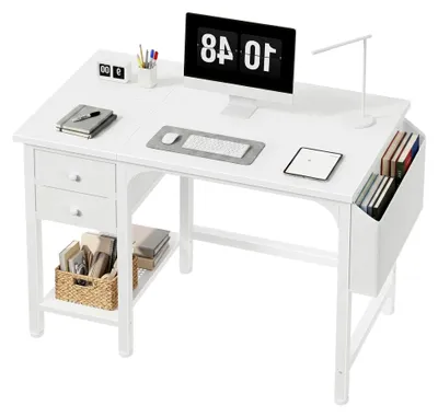 Produktbild von Kleiner Schreibtisch mit Schubladen in Weiß 100X48cm für Büro, Wohnzimmer und Schlafzimmer