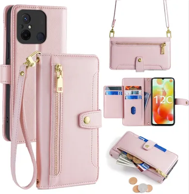 Produktbild von Handykette Xiaomi Hülle mit Band Handyhülle Kartenfächer Kunstleder Umhängetasche Redmi 12C Rosa