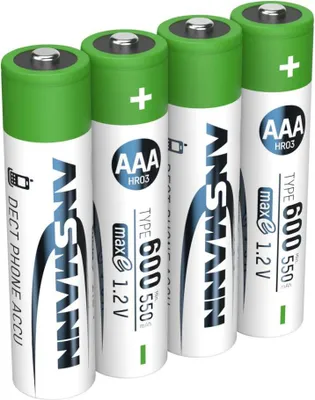 Four ANSMANN AAA rechargeable batteries are displayed in a row against a white background.