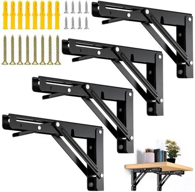 Imagen del producto de Ibenzoa®: Juego de 4 soportes de estantería plegables, color , acero laminado en frío, 194 x 100 x 20 mm, con bloqueo de 90°, capacidad de carga de hasta 180 kg – Soportes de pared para cargas pesadas