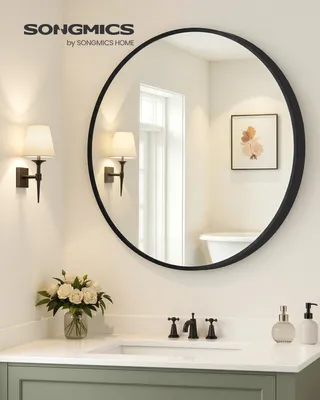 Produktbild von SONGMICS Wandspiegel, Spiegel rund, Metallrahmen, 105 cm d, für Bad, Wohnzimmer, Schlafzimmer, Flur, schwarz