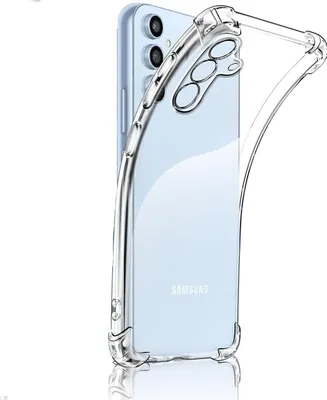 A clear protective phone case is shown on a white background, highlighting its design and fit for a Samsung Galaxy A23.