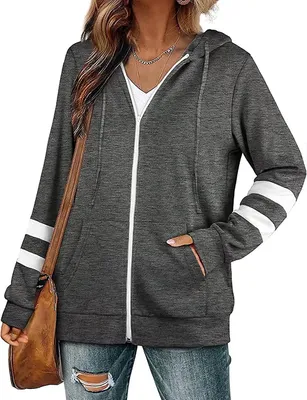 Produktbild von ASKSA Damen Kapuzenpullover Sweatjacke Kordelzug Full Zip Langarm Streifen mit Taschen, Dunkelgrau, XXL