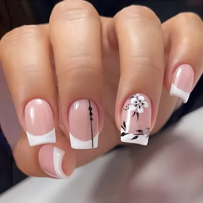 Image de 24 pcs fleurs ongles blancs French Square Fake Nails moyen