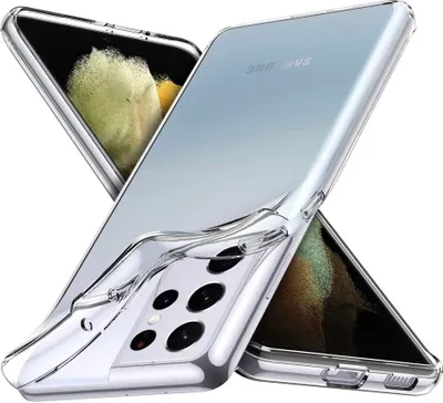 A clear protective case for a Samsung Galaxy S21 Ultra 5G phone, shown from a diagonal angle.