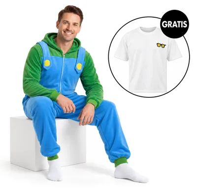 Obrázek produktu pro Onesie Kigurumi pyžamo Super Mario Luigi převlek kostým M: 155 - 165cm + Oversize tričko M