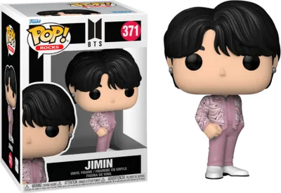 A Funko Pop! vinyl figure of BTS member Jimin is shown next to its packaging.