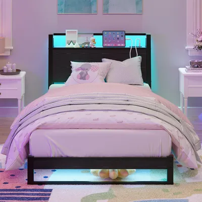 Einzelbett 90x200 cm mit Kopfteil, Stauraum, Ladestation & LED