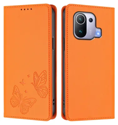 Obrázek produktu pro Kožené pouzdro pro Xiaomi Mi 11 Pro, motýlí ražbou, peněženkové flip pouzdro se stojánkem Oranžová