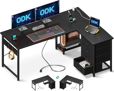 Obrázek produktu pro Rohový psací stůl se zásuvkami, otočný L-tvarový počítačový stůl se zásuvkou, kancelářské stoly s USB nabíjecím portem a držákem pro monitor, vhodné do domácí kanceláře, barva černá, rozměry 135 × 100 cm