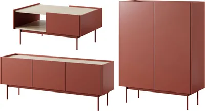 Produktbild von Wohnzimmer-Set Color RTV-144 + KD-97 + L-97 Grifflos Keramikrot Eiche Linea