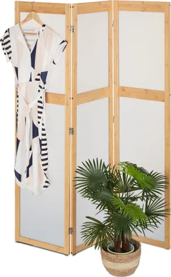 Image de Paravent Relaxdays, 3 panneaux, séparateur d'espace pliable, H x L : 168 x 135,5 cm, plastique et bambou, paravent d'intérieur, naturel/blanc