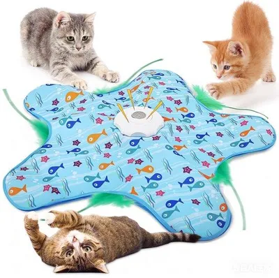 Produktbild von Interaktives Katzenspielzeug 2-in-1 – Versteck- und Jagdspiel mit Federstab, Bewegungsmelder, USB aufladbar, für Katzen aktives Spielen
