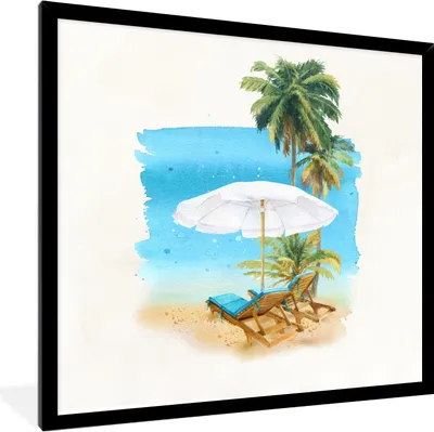 Produktbild von MuchoWow® MuchoWow® Gerahmtes Poster Strandkorb - Sonnenschirm - Palme 40x40 cm - Poster mit zchwarzem Bilderrahmen - Mit Rahmen - Wanddekoration Schlafzimmer