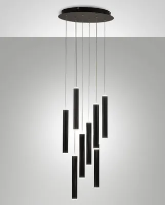 Produktbild von Fabas Luce Prado runde Pendelleuchte mit 8 Lichtern - 52 W dimmbare LED - Mattschwarze runde Deckenrosette