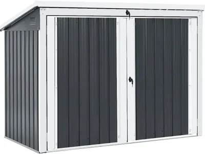 A dark gray metal shed with white trim and a white roof, shown from a three-quarter front angle against a white background.