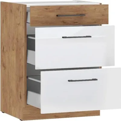 Image de Meuble Bas Casserolier, 60 cm, 3 Tiroirs, Mélaminé Chene Lancelot et Blanc Brillant