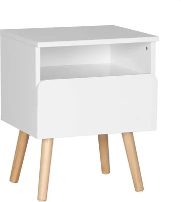 A white nightstand with wooden legs and an open shelf above a drawer.