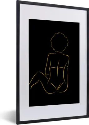 Produktbild von MuchoWow® Gerahmtes Poster Frau - Schwarz - Gold - Strichzeichnung 40x60 cm - Poster mit Schwarzem Bilderrahmen Wandposter Rahmen Foto Bilder - Poster in Rahmen