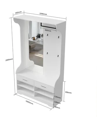 Produktbild von Garderobenmöbel - Kleiderständer mit Schuhschrank - 104 x 35 x 180 cm - 4 Haken - 2 Schubladen - Kleiderstange - Spiegel - Weiß