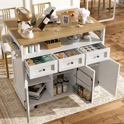 Immagine prodotto di Isola da cucina con spazio contenitivo, carrello da cucina su ruote, dimensioni 118 x 43–70 x 98 cm, piano allungabile, tre cassetti, colore bianco, materiali: MDF e metallo