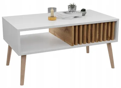 Produktbild von Skandinavischer Couchtisch Lamellen Weiß/WOTAN Tisch Loft Mit Ablage