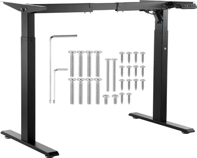 A black electric standing desk frame and its assembly hardware are displayed against a white background.