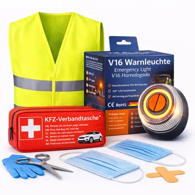 Immagine prodotto di Set 3 in 1 - Luce di emergenza V16 - Giubbotto di sicurezza e kit di pronto soccorso - Luce di emergenza IDIADA omologazione n. PC21020060 - Triangolo di emergenza - Triangolo di segnalazione - per autoveicoli