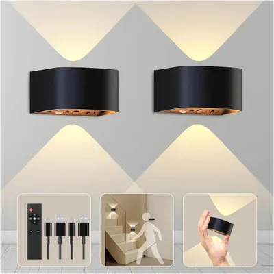 Produktbild von 2er-Set LED Wandleuchten - Up/Down Wandleuchten mit Bewegungssensor - Kabellos - 3 Lichtfarben - Dimmbar - Wiederaufladbarer Akku - Schwarz