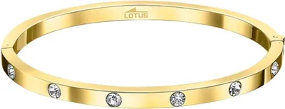 A gold-colored bangle bracelet with clear stones and a brand logo.