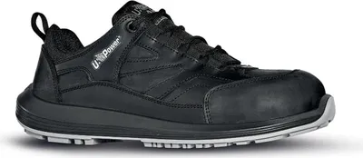 A black U-Power safety shoe is shown against a white background.