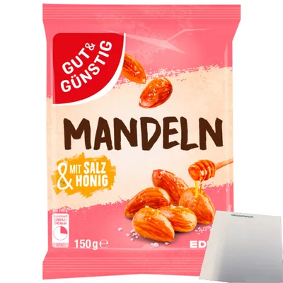 Produktbild von Gut & Günstig Mandeln mit Salz und Honig lecker karamellisiert (150g Packung) + usy Block