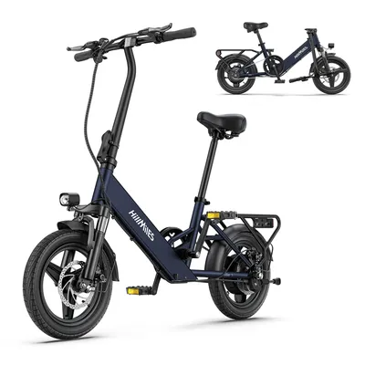 A dark blue folding electric bicycle is shown against a white background. A smaller, similar bicycle is visible in the upper right corner.