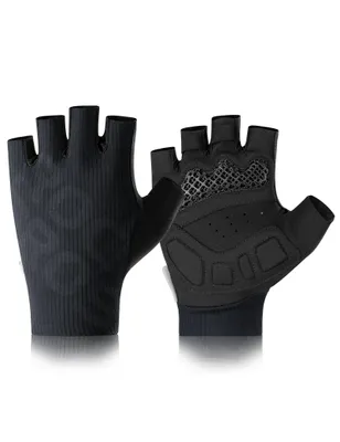 Productafbeelding van ROCKBROS fietshandschoenen, zomer, halve vingers, ademend, met dempingskussentjes, geschikt voor fietsen, hardlopen, fitness, zwart, maat L